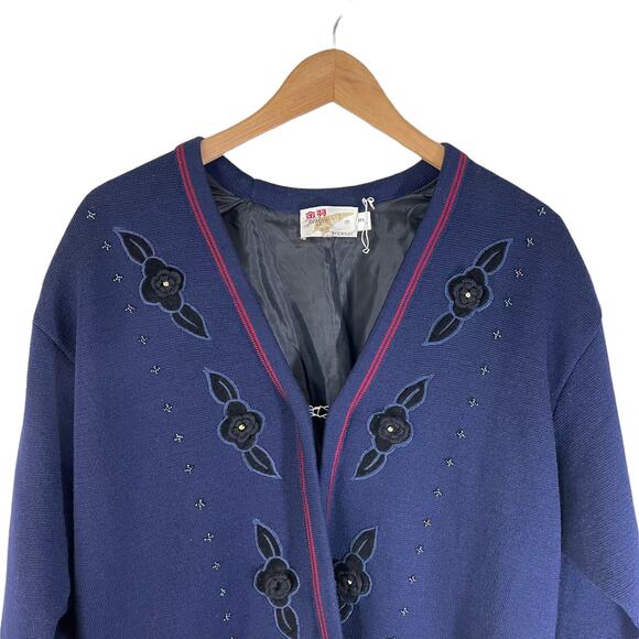 Vintage Women's Wool Coat Jacket Beaded Embroidered Floral Blue Floral Jinju - Picture 3 of 9